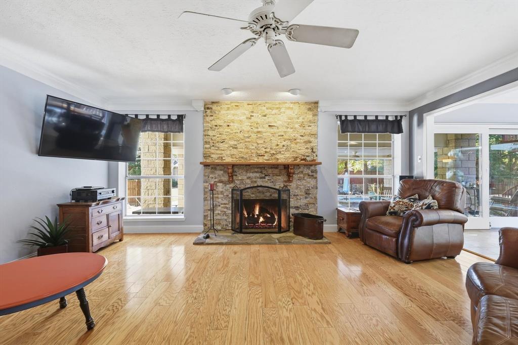 7608 Tallow Road Irving, TX 75063 - Photo 17 of 40 a living room with furniture a fireplace and a flat screen tv