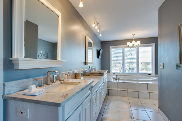 14080 West Old School Road Mettawa, IL 60048 - Photo 16 of 64 a bathroom with a granite countertop sink mirror and a bathtub