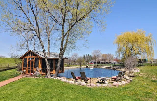 an outdoor space with furniture