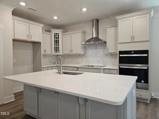 a kitchen with a sink a stove and cabinets