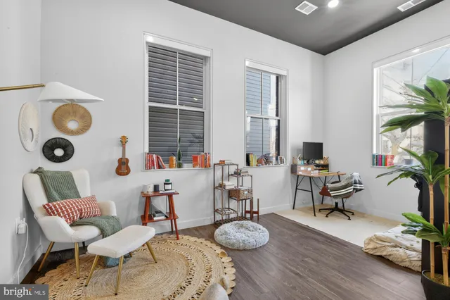 a living room with furniture and a potted plant