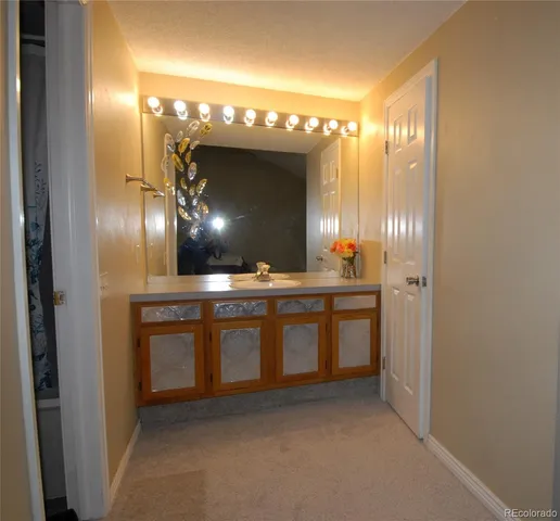 a bathroom with a sink and a mirror