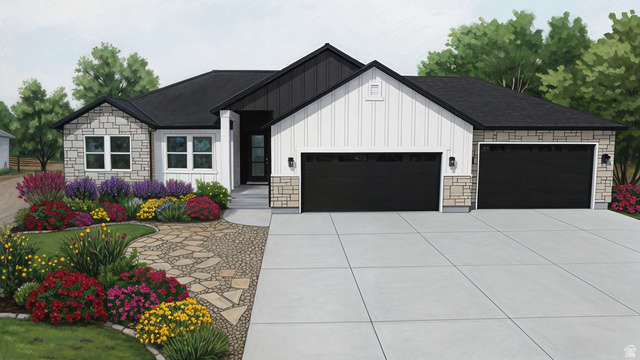 952 East Shilow Road, Unit 131 Erda, UT 84074 - Photo 1 of 12 Contemporary ranch-style exterior featuring a black roof, white vertical siding, light-toned stone accents, and a dual garage