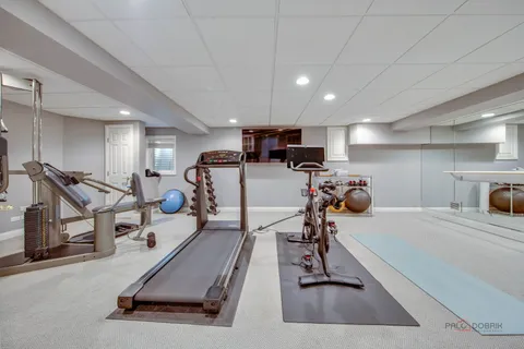 a view of a park with large trees