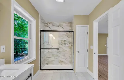 a bathroom with a shower and a toilet