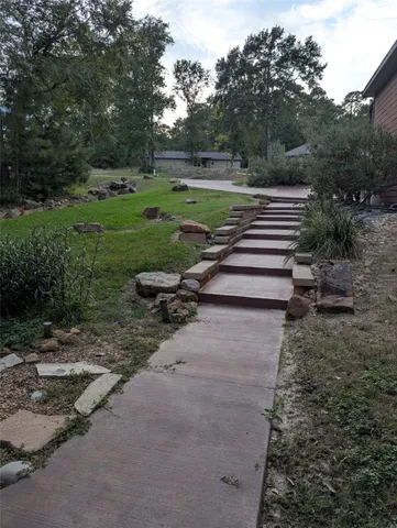 a view of a park with large trees