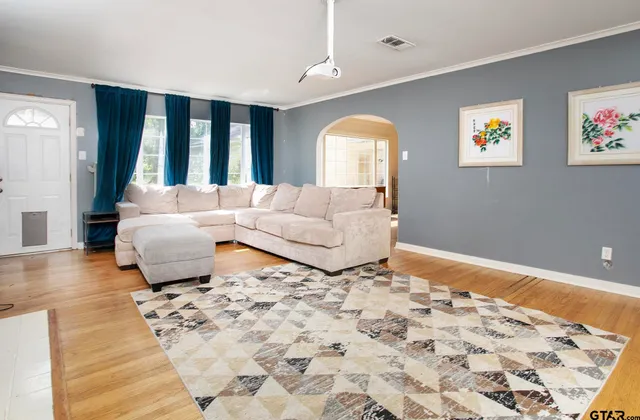 a living room with a couch and a rug
