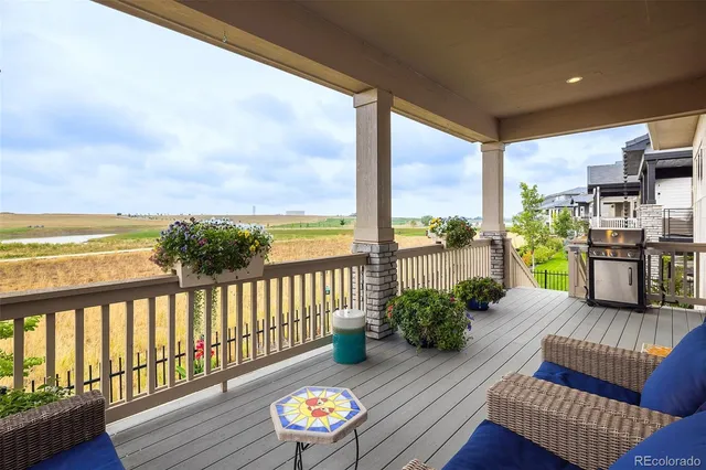a view of a balcony with couches and wooden floor