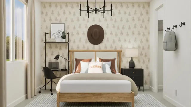 a bedroom with a bed and a mirror