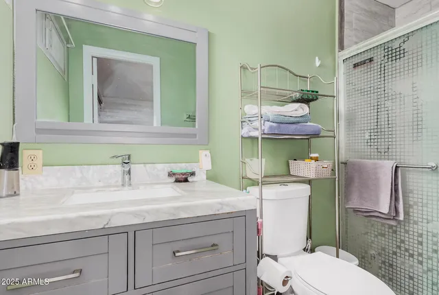 a bathroom with a sink a toilet and mirror