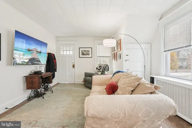 a living room with furniture a large window and a potted plant
