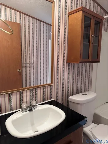 a bathroom with a sink a toilet and a mirror