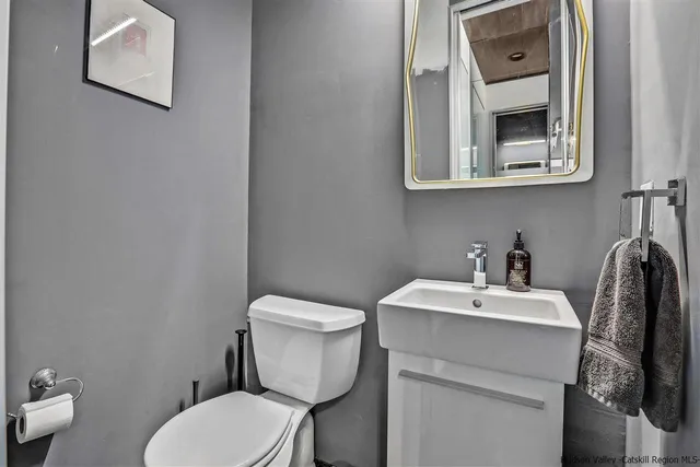 a bathroom with a toilet sink and mirror