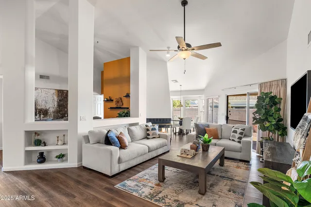 a living room with furniture potted plant and a flat screen tv