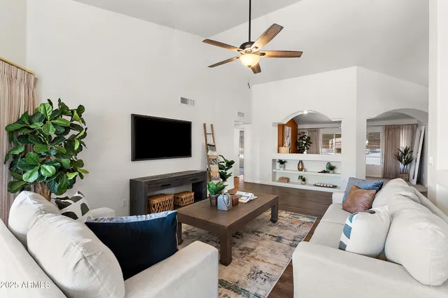 a living room with furniture a flat screen tv and a potted plant