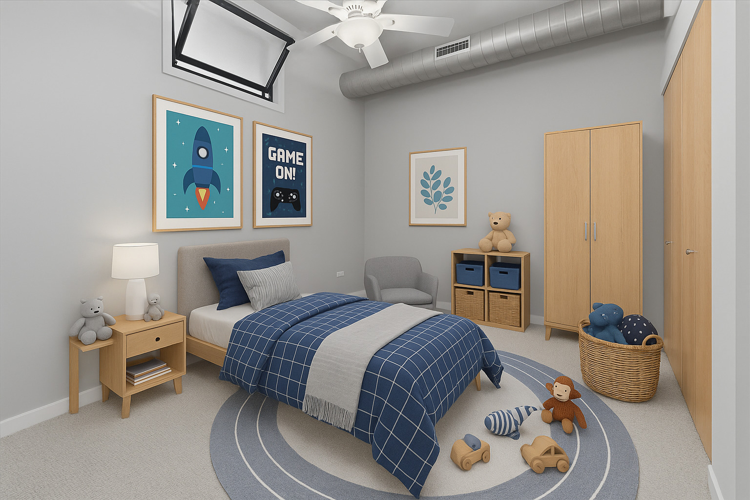 1224 West Van Buren Street, Unit 809 Chicago, IL 60607 - Photo 18 of 25 a bedroom with a bed and a chandelier