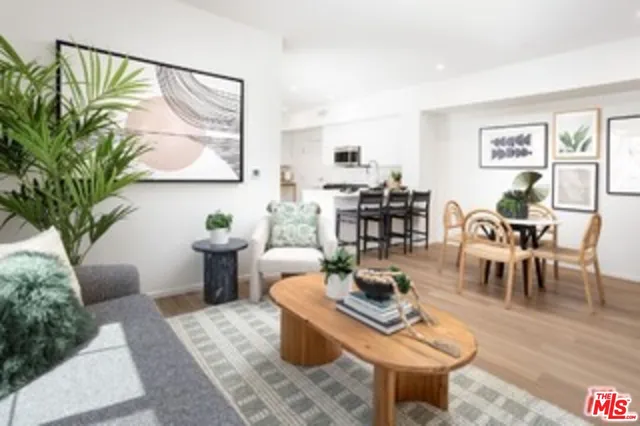 a living room with furniture a table and a potted plant