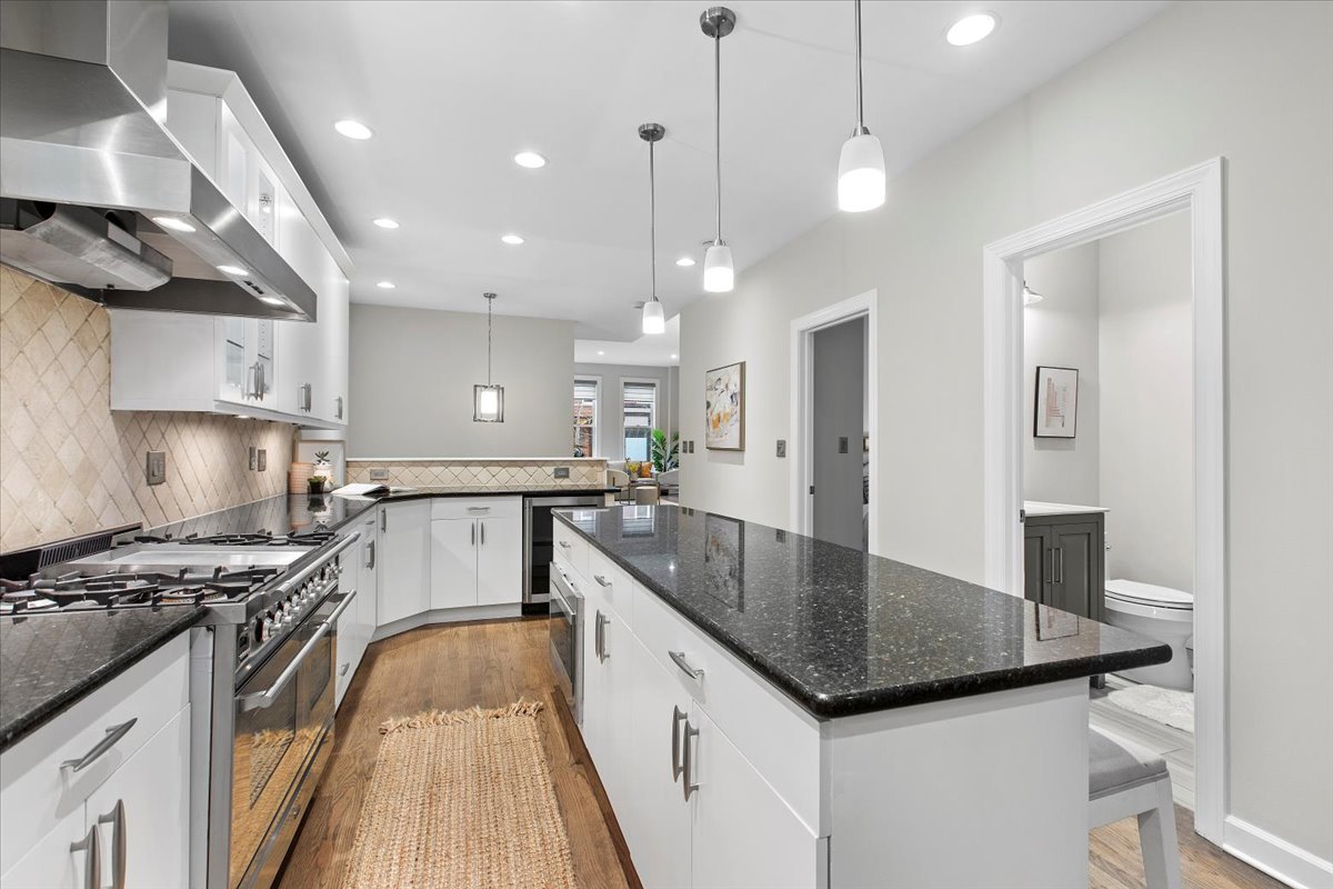 1867 North Halsted Street, Unit 1N Chicago, IL 60614 - Photo 14 of 30 a kitchen with stainless steel appliances granite countertop a sink a stove and a wooden floors