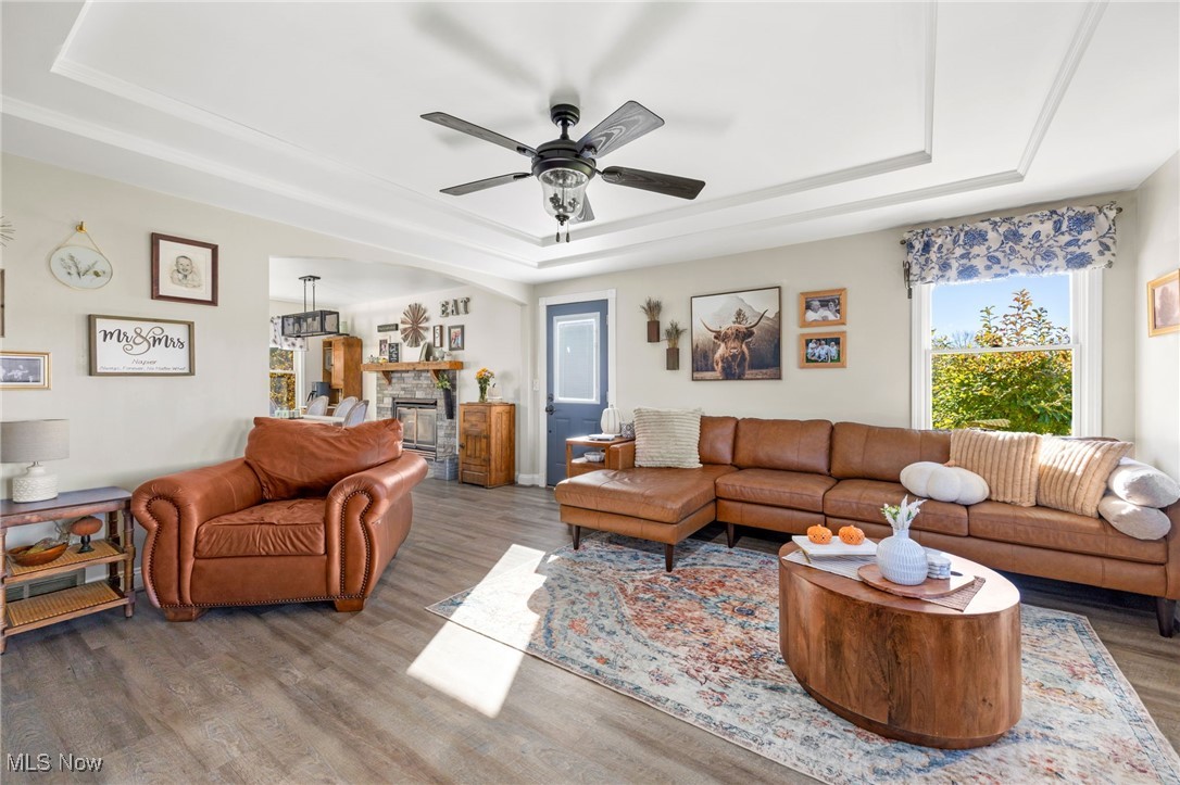 11827 Stratton Road West Salem, OH 44287 - Photo 19 of 47 Living room with a tray ceiling, wood finished floors, ceiling fan, and a fireplace
