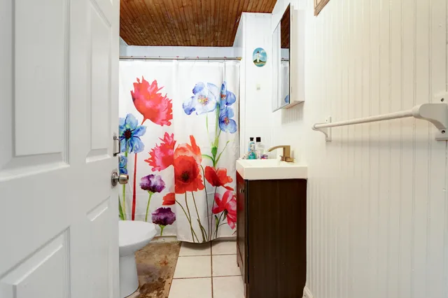 a bathroom with a sink and a shower curtain