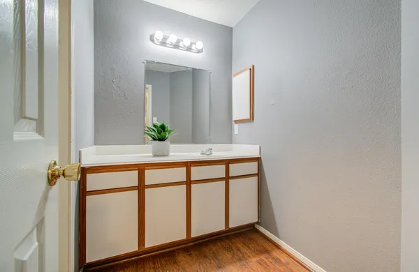 a bathroom with a sink and a mirror