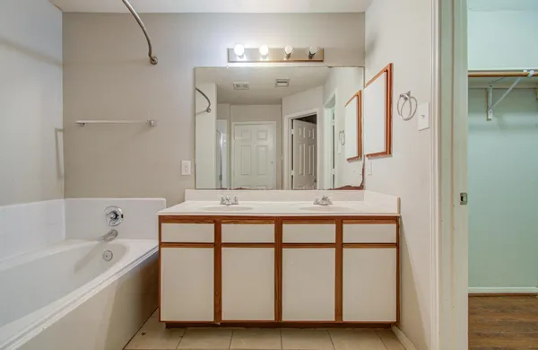 a bathroom with a tub sink and mirror