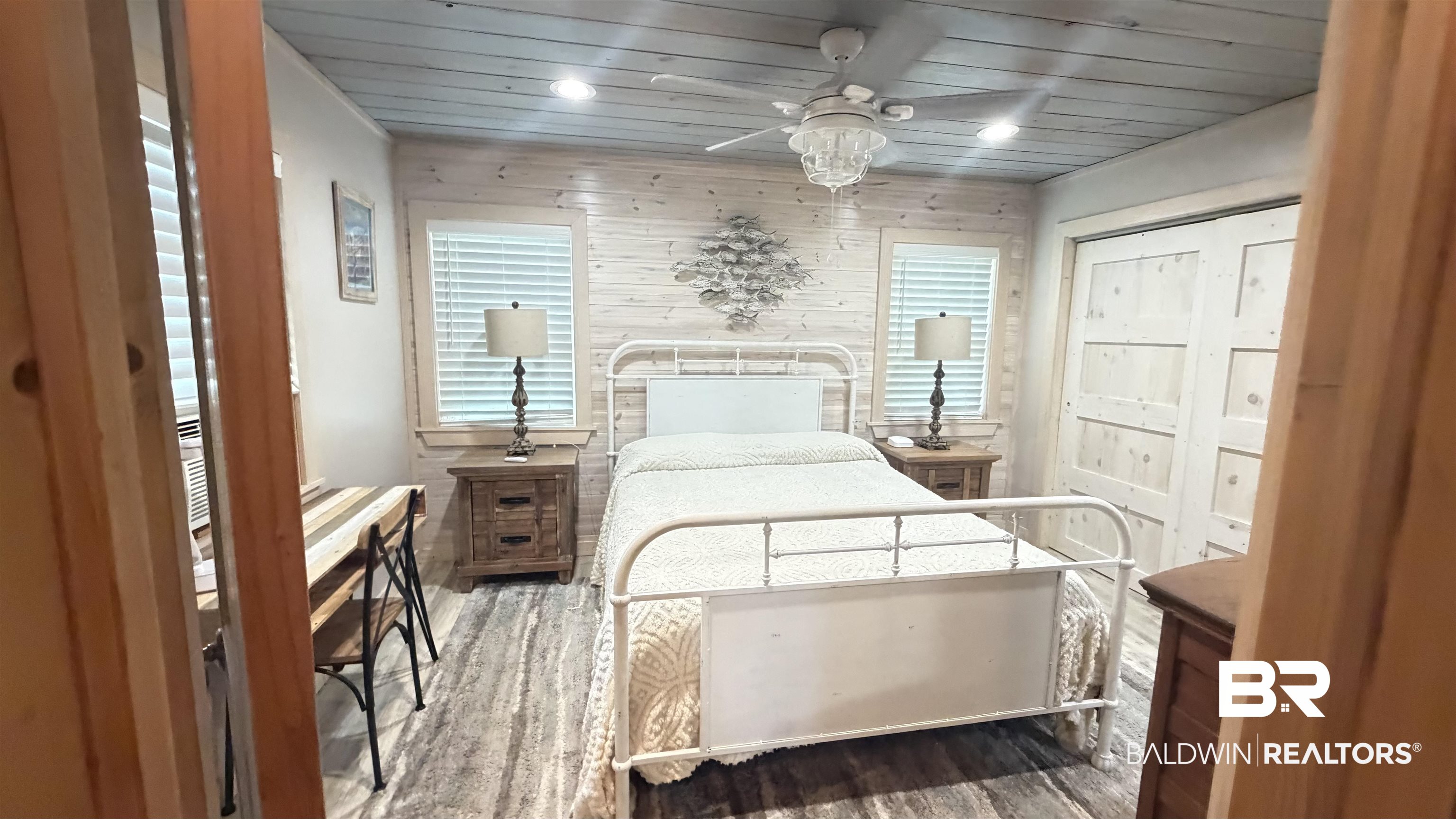 3983 Eureka Landing Road Uriah, AL 36480 - Photo 22 of 45 Bedroom with wood finished floors, ceiling fan, wood ceiling, and recessed lighting