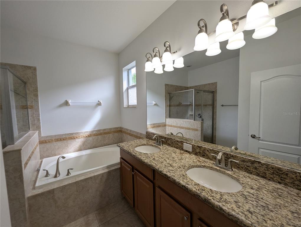 13428 Graham Yarden Drive Riverview, FL 33579 - Photo 6 of 15 a bathroom with a granite countertop double vanity sink and a mirror