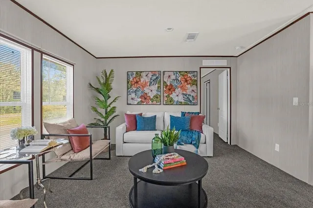 a living room with furniture and a potted plant