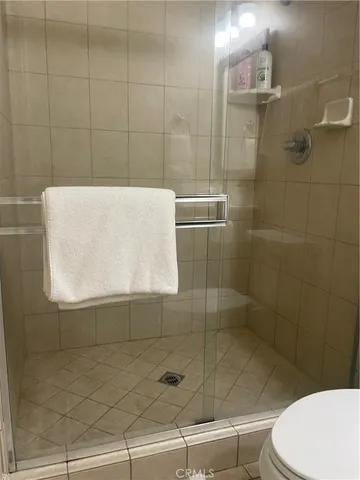 a bathroom with a shower and toilet