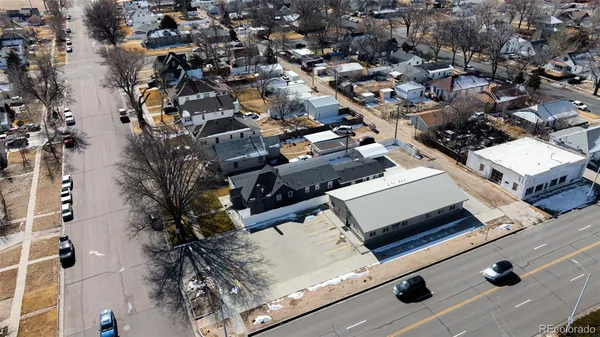 an aerial view of a building with entryway