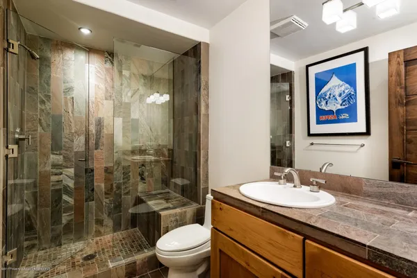 a bathroom with a sink a toilet and shower