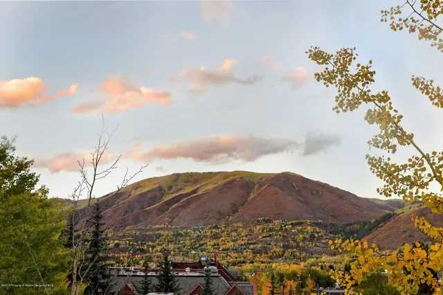 a view of a houses with a mountain in the background