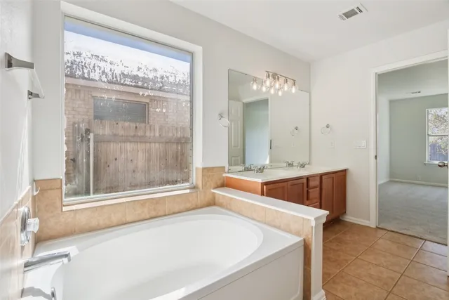 a bathroom with a tub a sink and a large mirror