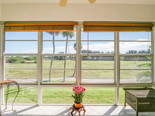 a view of a city from a dining room