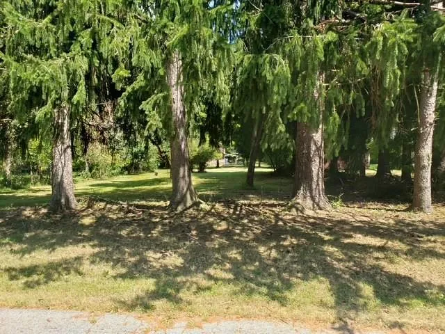 a view of a yard with wooden fence