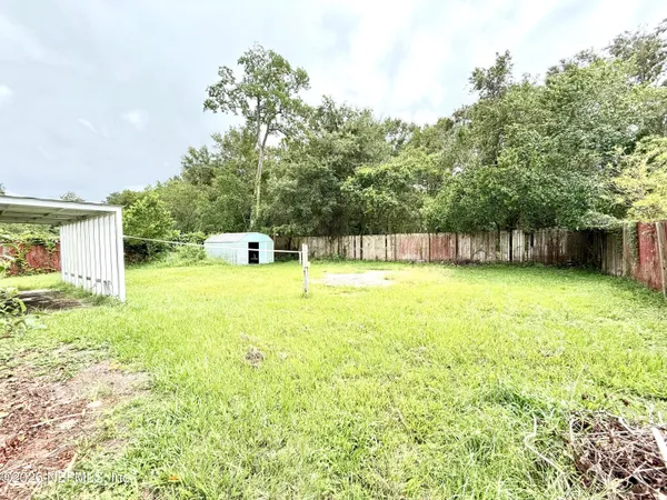 a view of a swimming pool with a yard and a large tree