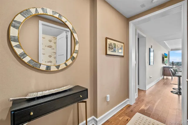 an entryway with wooden floor and a mirror