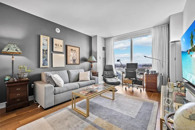 a living room with furniture potted plant and a large window