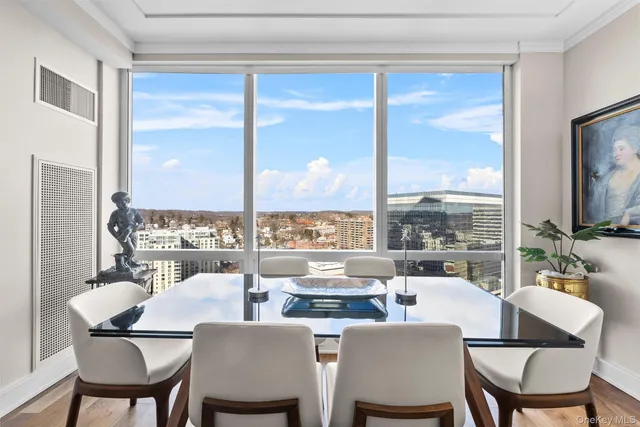 a dining room with furniture a window and a view