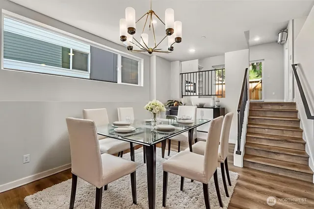a view of a dining room with furniture