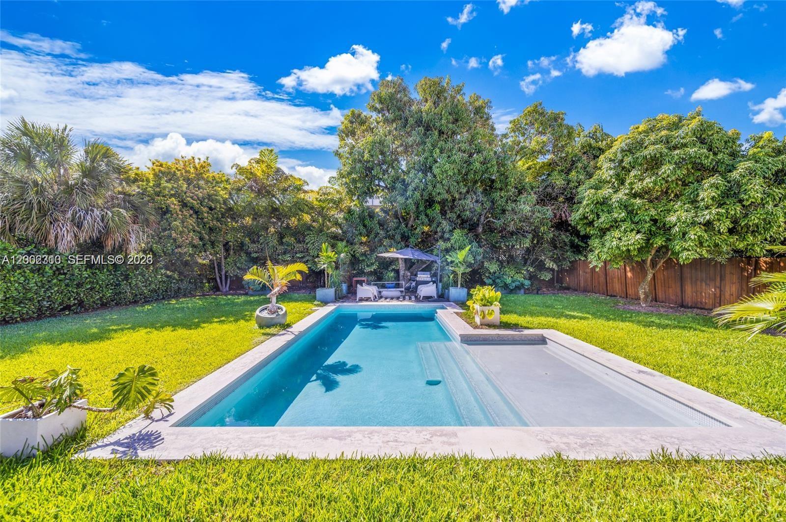 a view of a swimming pool with a yard and a tub
