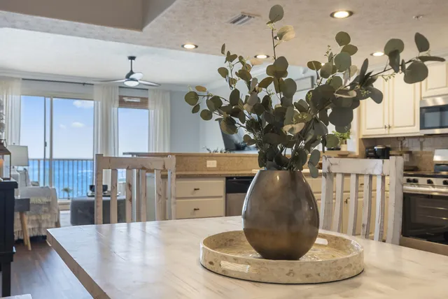 a living room with a lamp