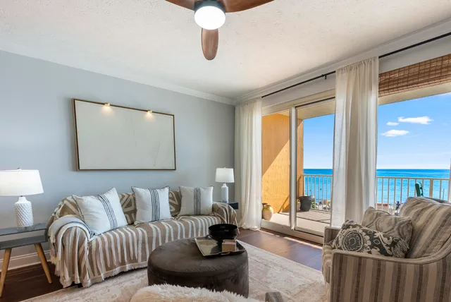 a view of balcony with wooden floor