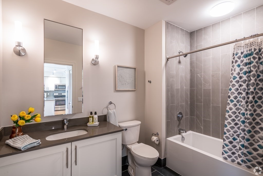 77 New Street, Unit 207 Cambridge, MA 02138 - Photo 4 of 10 a bathroom with a granite countertop sink toilet mirror and bathtub