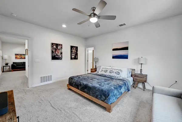 a bedroom with a bed and ceiling fan