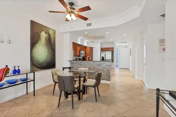 a view of a dining room with furniture