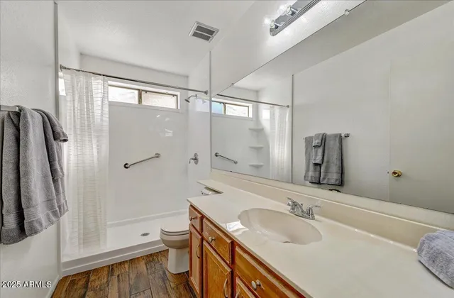 a bathroom with a sink a toilet and shower