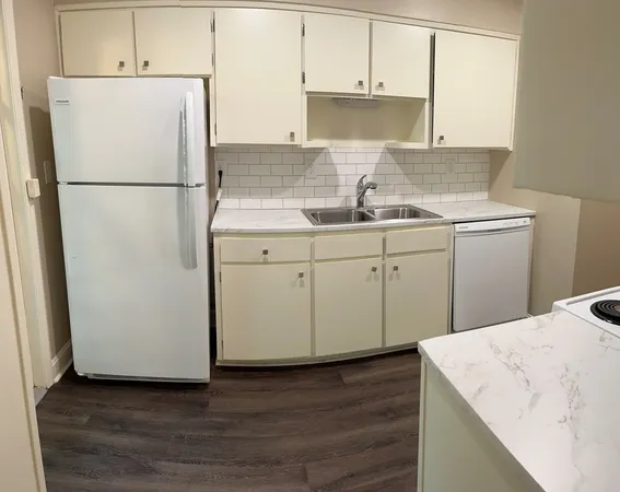 a kitchen with a sink a refrigerator and white cabinets