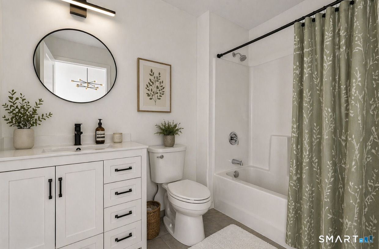 480 Myrtle Street, Unit 402 New Britain, CT 06053 - Photo 6 of 17 a bathroom with a toilet a sink a mirror a glass door a shower and a mirror